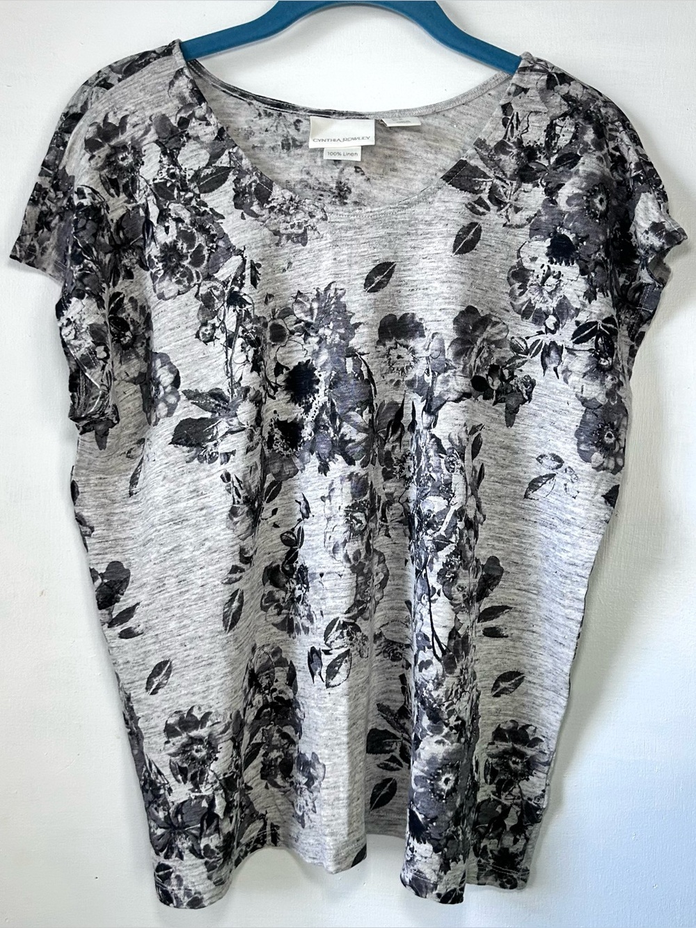NWOT Cynthia Rowley 100% Linen Blouse Women’s XL Gray Floral Cap Sleeves